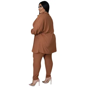 Plus size ribbed casual solid color long sleeve top and pants set for women daily wear.