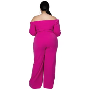 Plus size off shoulder pink jumpsuit for women sexy long sleeve wide leg party club outfit
