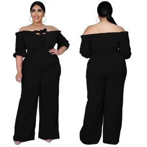 Plus Size Black Off-the-Shoulder Bow Front Jumpsuit Elegant Romper Detail View Fashion