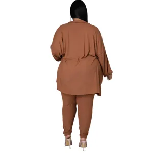 Plus size brown ribbed casual two piece long sleeve top and pants set for women detail view