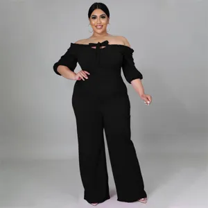 Plus size black off-the-shoulder jumpsuit with tie front, half sleeves, elegant and comfortable.