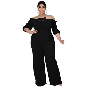 Plus Size Black Off Shoulder Jumpsuit Women Bow Front Half Sleeve Long Pants Outfit