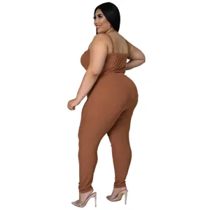 Plus size ribbed two piece set casual brown sleeveless tank top and long pants outfit daily wear.