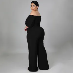 Plus size off shoulder black jumpsuit elegant sexy wide leg evening party long pants romper