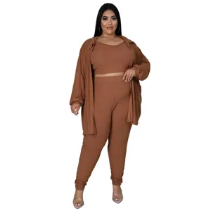 Plus size ribbed solid 3 piece casual sexy lounge set with top pants and overshirt.