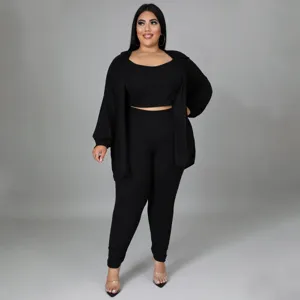 Plus size solid color ribbed 3 piece casual sexy outfit for women daily casual wear