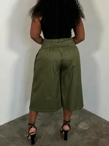 Detailed rear view of plus size olive green pleated wide leg casual pants for women.