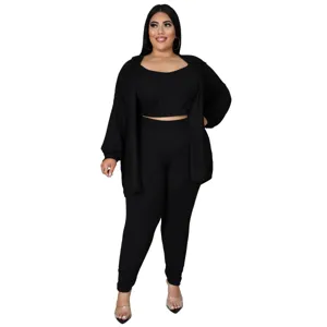 Plus size 3 piece ribbed tracksuit set women casual solid color crop top long pants cardigan