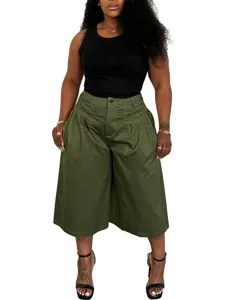 Detailed view of plus-size army green wide-leg pants featuring elastic pleated high waist.