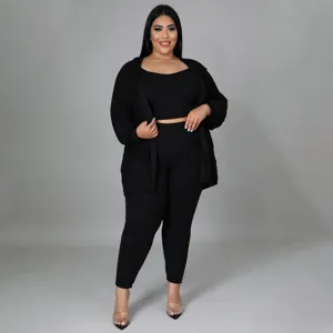 Plus size ribbed three piece lounge set detail view, casual sexy outfit worn by model.
