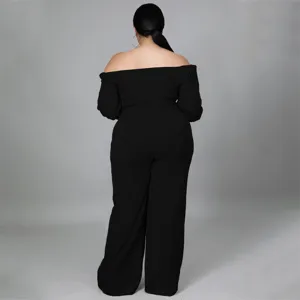 Back view detail of plus size black off-shoulder jumpsuit showing elegant tailoring.