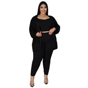 Plus size black ribbed 3 piece casual outfit crop top pants cardigan set for women