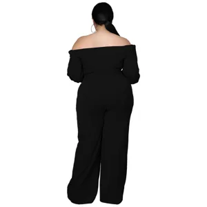 Detailed back view of the stylish solid black off-shoulder plus size long jumpsuit.