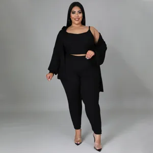 Plus Size Ribbed 3 Piece Casual Sexy Outfit Camisole Pants And Long Outer Shirt Set