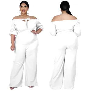 Plus size off shoulder short sleeve jumpsuit for women, elegant white summer casual long romper.