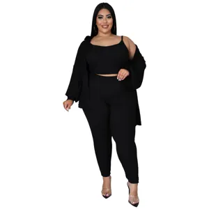 Plus size 3 piece ribbed lounge set detail, comfortable black crop top leggings and cardigan outfit.
