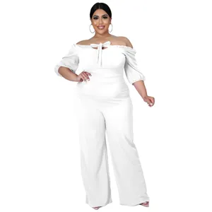 Plus size off shoulder white jumpsuit for women sexy casual elegant wide leg long pants