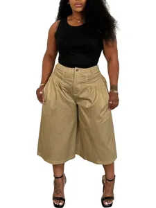 Plus size casual pleated wide leg pants for women, comfortable loose fit capri trousers.