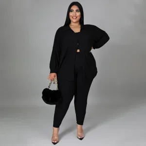 Plus size casual ribbed three piece outfit set featuring button up shirt, top and pants.