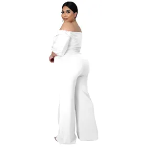 Plus size white off-the-shoulder jumpsuit featuring a stylish sexy design and wide-leg cut.