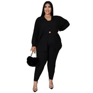 Plus size ribbed 3 piece set casual sexy black outfit detailed view showing top and pants