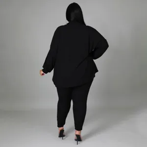 Plus Size Solid Color Casual Long Sleeve Top And Pants Set For Women Black Outfit