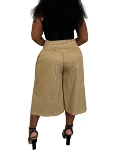 Plus size khaki wide leg casual pants featuring high gathered waist and comfortable loose fit.