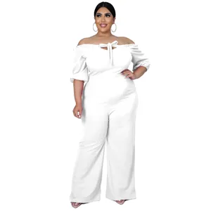 Plus size sexy off shoulder white jumpsuit with short sleeves and front tie detail for women