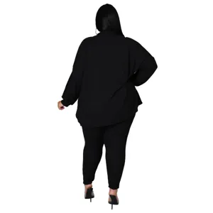 Plus size black casual long sleeve top and pants set detail view, comfortable fit fashion.