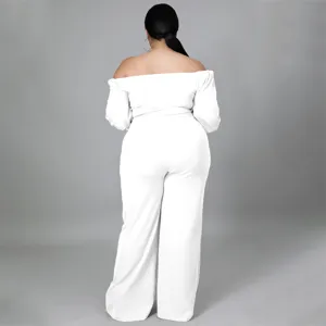 Plus size white off shoulder long sleeve jumpsuit back view fashion apparel details view.