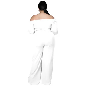Plus size white off shoulder long sleeve jumpsuit for women casual elegant solid color romper