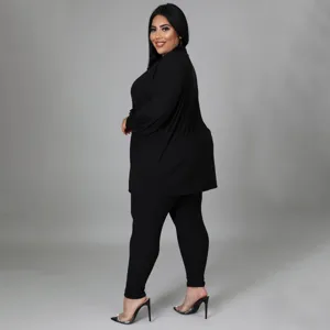 Detailed view of women plus size solid color casual long sleeve top and pants set for daily wear.