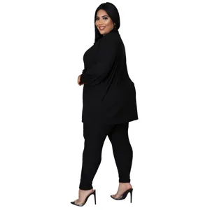 Plus size black long top leggings set casual three piece outfit for women detail view