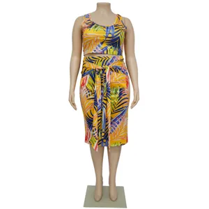 Grote maat tropische bladeren print tweedelige set met crop top en wikkelrok