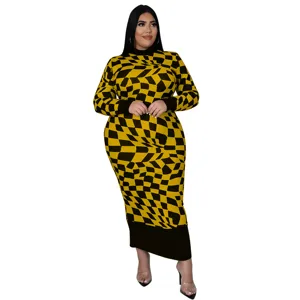 Plus size yellow black warped checkerboard long sleeve maxi dress elegant women clothing