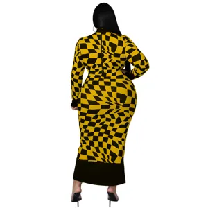 Detailed back view of a stylish yellow and black checkered long sleeve maxi dress for women.