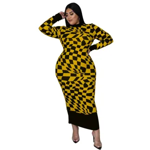 Long sleeve midi dress featuring a stylish optical illusion yellow black checkerboard print.