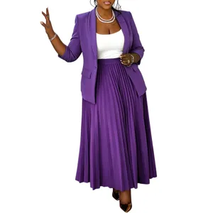 Women's purple blazer and pleated maxi skirt suit set, professional chic style outfit.