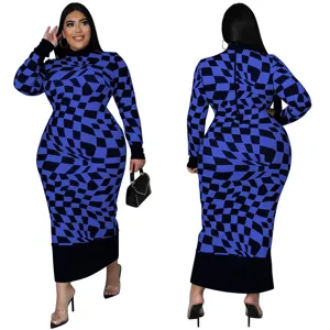 Plus size geometric print long sleeve maxi dress featuring a chic mock neck and slim fit.