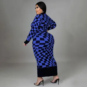 Blue and black geometric checkerboard knit long dress detail view, elegant long sleeve design.