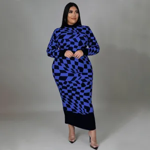 Geometric print long sleeve midi dress detail view showcasing modern pattern and elegant fit.