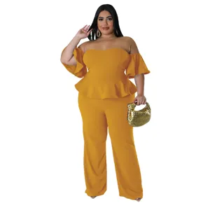 Combinaison pantalon moutarde grande taille epaule denudee avec volant pour femme