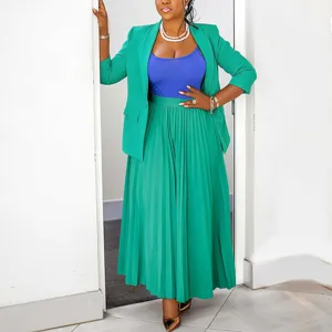 Women green blazer with blue top and pleated long skirt business casual outfit set