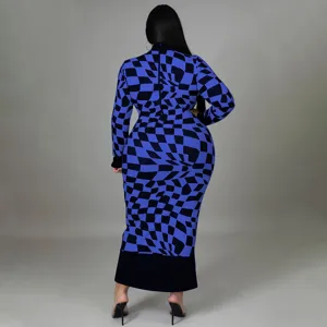 Blue and black checkered long sleeve maxi dress for women elegant slim fit party wear outfit