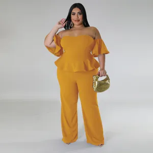 Combinaison ample grande taille épaules dénudées manches courtes jaune moutarde sexy chic