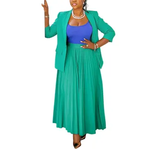 Women green blazer and blue camisole pleated maxi skirt professional casual suit set