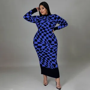 Plus size round neck checkered long sleeve midi dress for women fashion apparel daily wear.