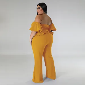 Femme grande taille epaule dénudée volants manches courtes combinaison pantalon jaune
