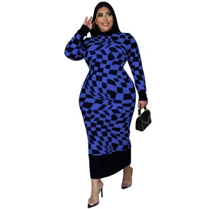 Detail shot of elegant long sleeve optical checkerboard printed midi dress with slim fit.