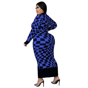 Elegant long sleeve geometric check midi dress featuring a classic crew neck design.
